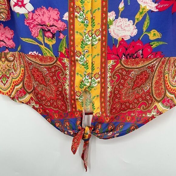 Umgee Tie Front Boho Hippie Blouse Womens Size Medium Folkloric Flutter Sleeve - Picture 3 of 10